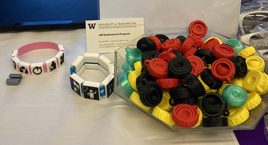 Communcation bracelets and 3D-printed fidget rings.