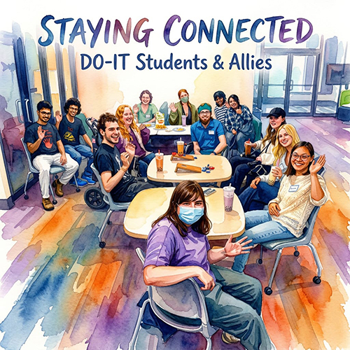 Water color image of attendees at the Staying Connected event, sitting around tables enjoying snacks and boba together.