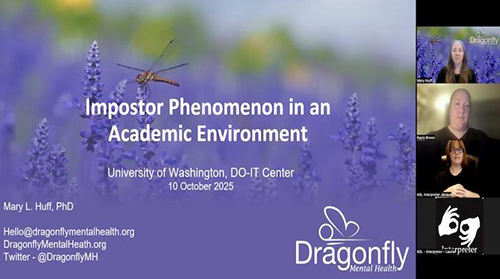 Imposter Phenomenon webinar title slide, and presenters on Zoom.