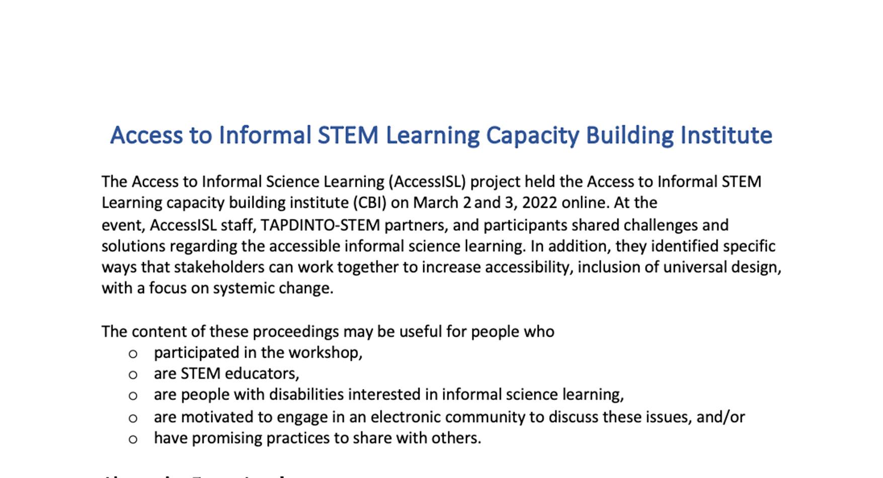Access to Informal STEM Learning Capacity Building Institute (2022)